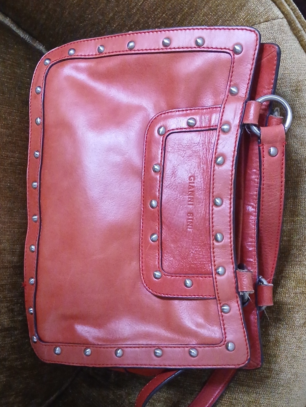 Gianni Bini Coral-Red Leather Studded Shoulder Bag